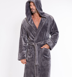 Men's Gray Plush Soft Warm Fleece Bathrobe with Hood, Comfy Men's Robe