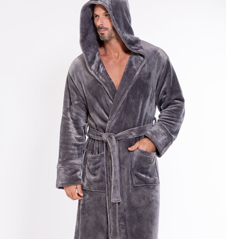 Men's Gray Plush Soft Warm Fleece Bathrobe with Hood, Comfy Men's Robe