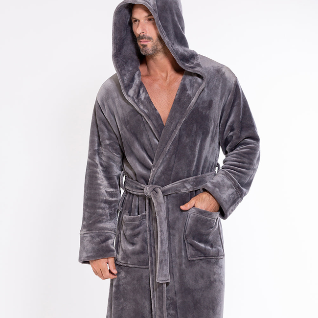Men's Gray Plush Soft Warm Fleece Bathrobe with Hood, Comfy Men's Robe-gallery-46194649202947