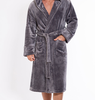 Men's Gray Plush Soft Warm Fleece Bathrobe with Hood, Comfy Men's Robe