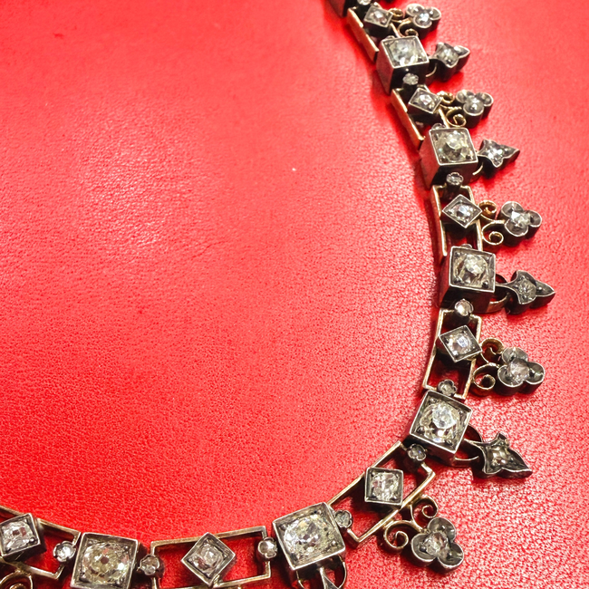 Antique 21K gold and silver topped over 7ctw Old Mine Cut diamond, rose cut diamond and pearl fringe-gallery-57093438701883