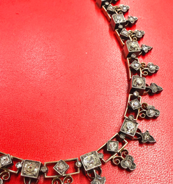 Antique 21K gold and silver topped over 7ctw Old Mine Cut diamond, rose cut diamond and pearl fringe