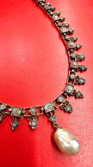 Antique 21K gold and silver topped over 7ctw Old Mine Cut diamond, rose cut diamond and pearl fringe