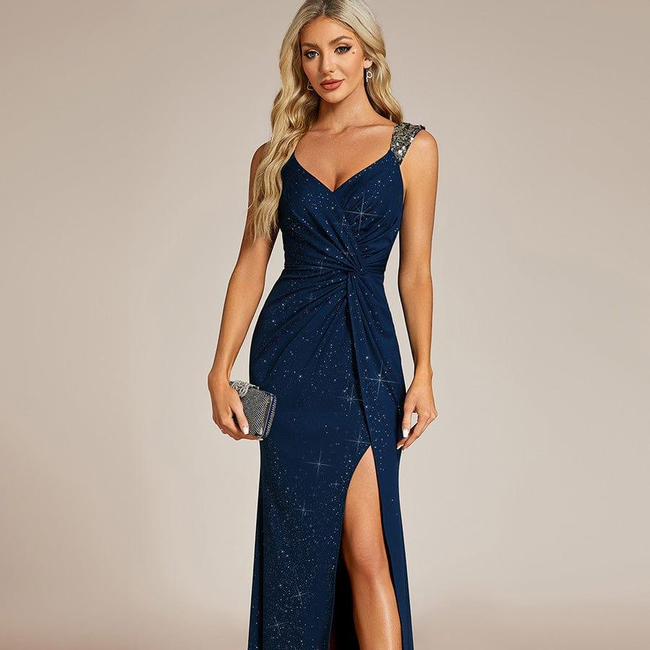 ever NOIRE|Glitter V-Neck High Slit Sequin Shoulder Strap Evening Dress-gallery-32526377549898