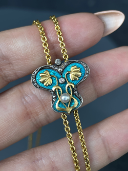 Antique Art Nouveau longguard chain with 21K/22K gold chain, 14K gold blue enamel butterfly slider w