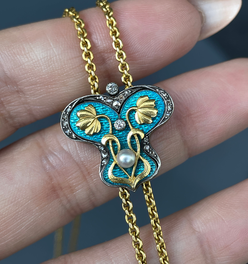 Antique Art Nouveau longguard chain with 21K/22K gold chain, 14K gold blue enamel butterfly slider w