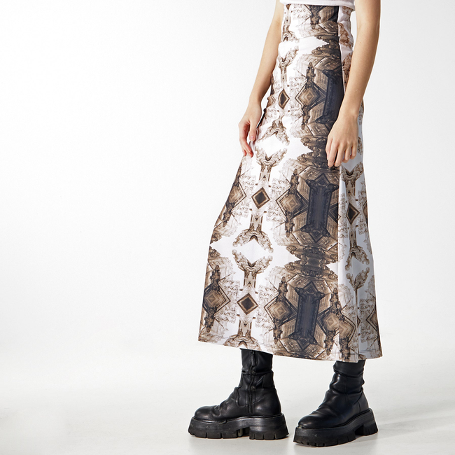 Babs Body-hugging Midi Skirt - Sepia Gargoyles Print Design-gallery-40066443542824