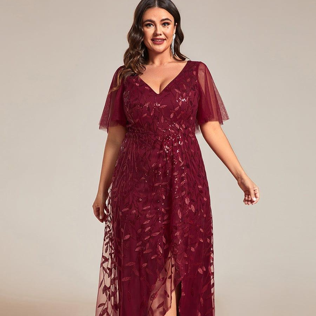 pretty ALIX|Plus Size Short Sleeves Sequin High Low V-Neck Midi Formal Evening Dress-gallery-30613783871562