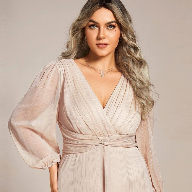ever EMBER|See-Through Long Sleeve Twist Knot A-Line Lotus Leaf Shimmering Evening Dress-gallery-31381720072266