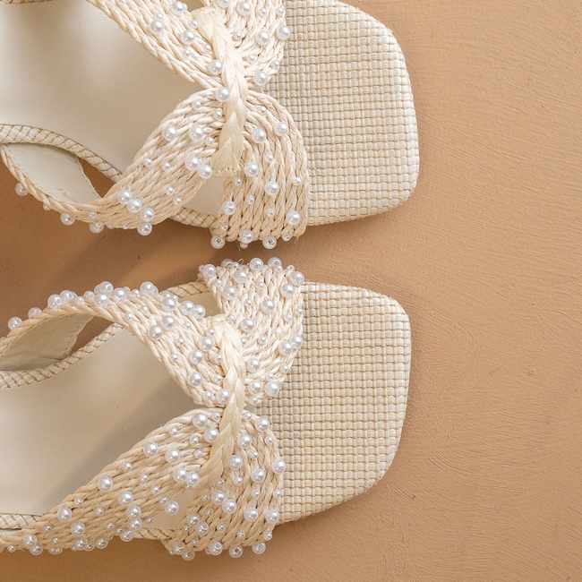 The Tiara | White Pearl Embroidered Raffia Block Heel-gallery-42327204298929