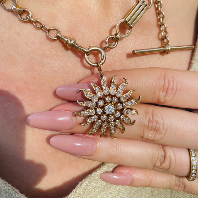 Amazing antique 1.6 ctw old euro/old cut diamond 14K Sun pendant/pin-gallery-49155744301371