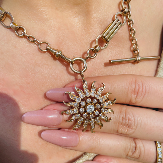 Amazing antique 1.6 ctw old euro/old cut diamond 14K Sun pendant/pin-gallery-49155744301371