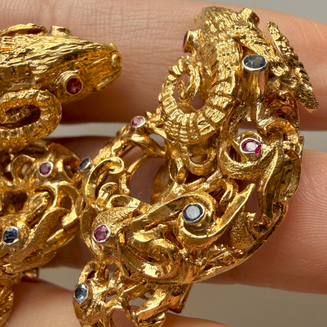 Vintage circa 1960s yellow 18K approx .6ctw sapphire and ruby ram clip statement earrings-gallery-56906658906427