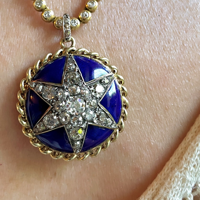 Antique yellow 14K approx over 4 ctw old mine cut and rose cut diamond blue enamel star statement pe-gallery-56086948053307