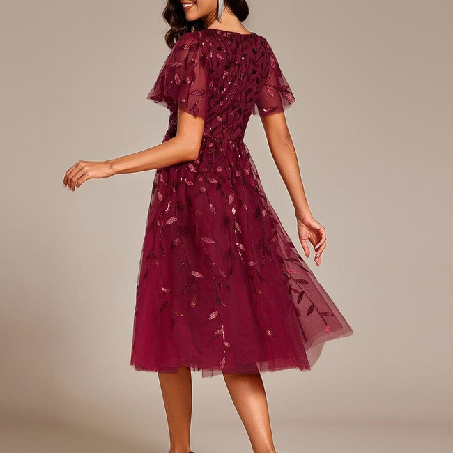 ever SIMONE|Short Sleeves Leaf Sequin A-Line Midi Formal Wedding Guest Dress-gallery-31760598892618