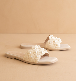 The Cathleen | Ivory White Pearl Raffia Wedding Slide Sandal
