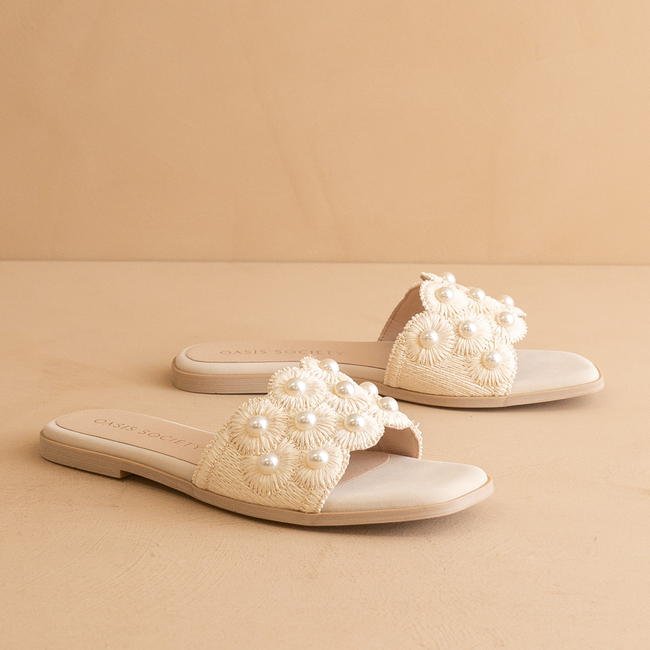The Cathleen | Ivory White Pearl Raffia Wedding Slide Sandal-gallery-42229787033777