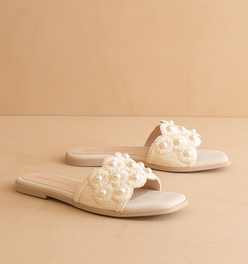 The Cathleen | Ivory White Pearl Raffia Wedding Slide Sandal