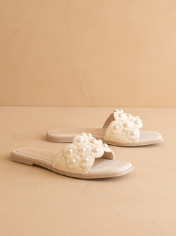 The Cathleen | Ivory White Pearl Raffia Wedding Slide Sandal