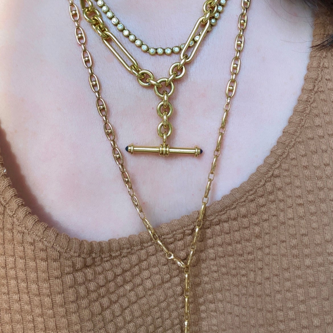 Antique yellow 18K solid trombone link watch chain with sapphire T bar, 19 inch-gallery-55160482890043