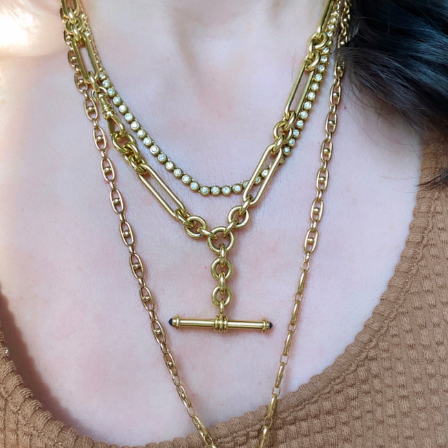 Antique yellow 18K solid trombone link watch chain with sapphire T bar, 19 inch-gallery-55160482890043