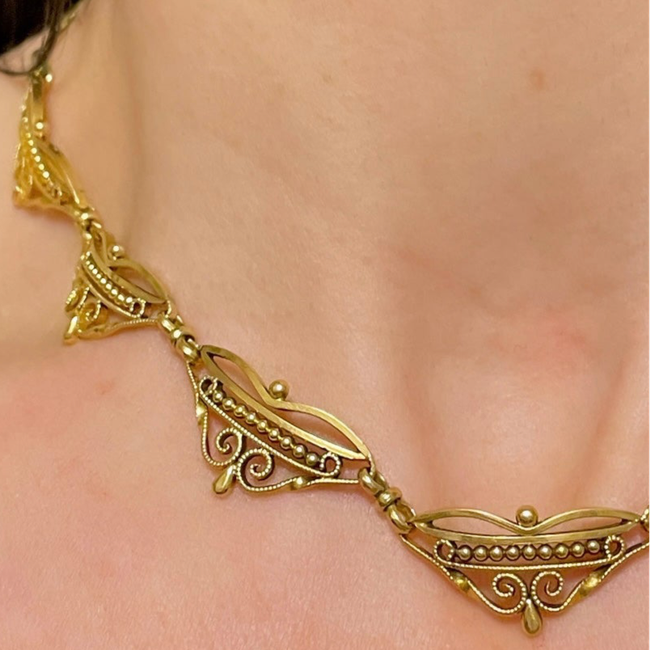 Antique yellow 18K French ornate scrolled link collar necklace, 15.5 inch-gallery-54374955745595