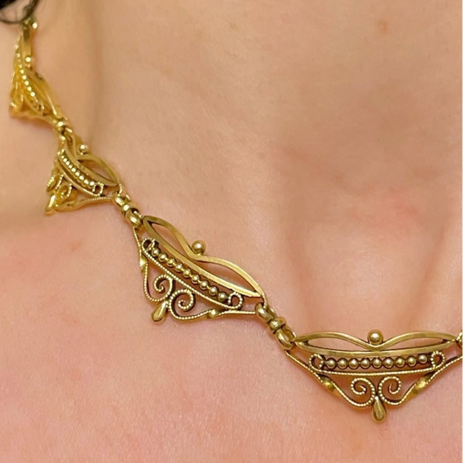 Antique yellow 18K French ornate scrolled link collar necklace, 15.5 inch-gallery-54374955745595