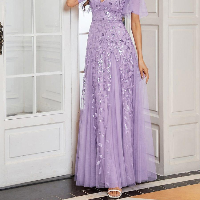 ever ASTRAL|Ruffle Sleeves Leaf Sequin Maxi Bridesmaid Dress-gallery-32686700036170