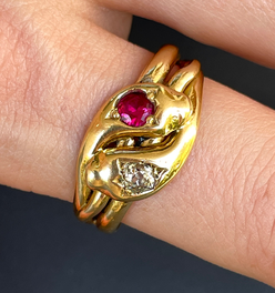 Antique Victorian yellow 18K pair of snakes ring with .25 ctw old mine cut diamond and .35 ctw ruby,
