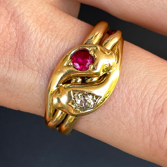 Antique Victorian yellow 18K pair of snakes ring with .25 ctw old mine cut diamond and .35 ctw ruby,-gallery-56085146763579