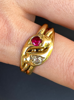 Antique Victorian yellow 18K pair of snakes ring with .25 ctw old mine cut diamond and .35 ctw ruby,