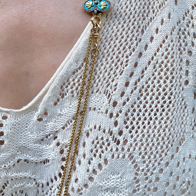 Antique Art Nouveau longguard chain with 21K/22K gold chain, 14K gold blue enamel butterfly slider w-gallery-56085002912059