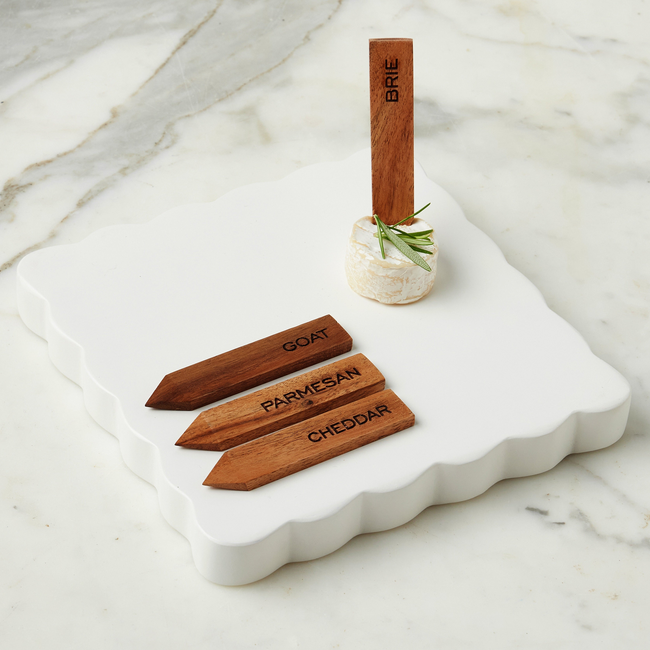 Square Scalloped Cheese Board with Cheese Markers, Small, White-gallery-48543648579777