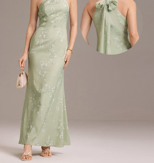 ever AZALEIA|Elegant Cross Halter Neck Floral Satin Bridesmaid Dress with Bow Back