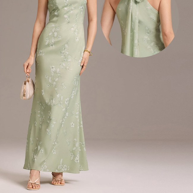 ever AZALEIA|Elegant Cross Halter Neck Floral Satin Bridesmaid Dress with Bow Back-gallery-33311048433738