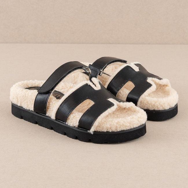 The Alpine | Black Faux Shearling Sandals-gallery-36397617971377