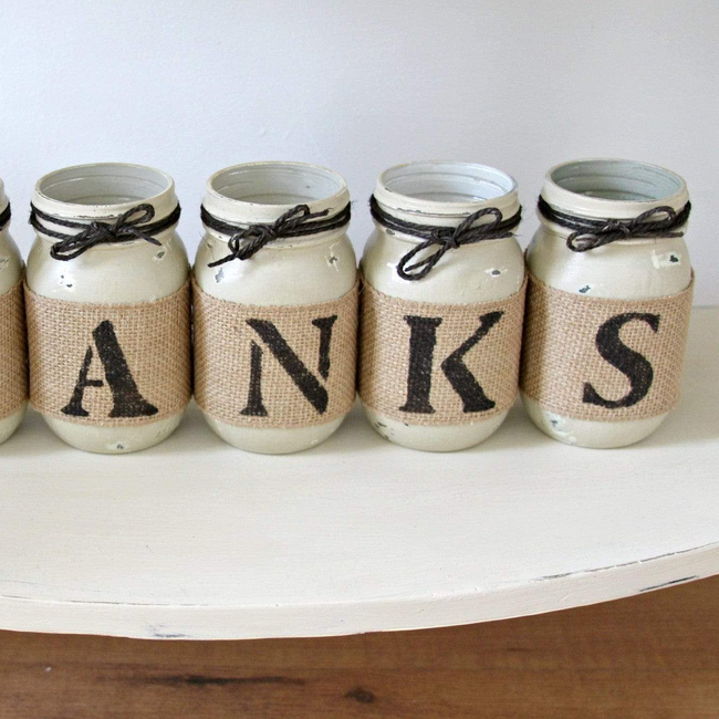 Thanksgiving Decor Table Centerpiece Painted Mason Jars THANKS-gallery-13367367434310