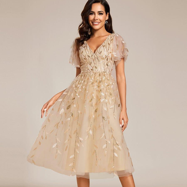 ever SIMONE|Short Sleeves Leaf Sequin A-Line Midi Formal Wedding Guest Dress-gallery-31760599121994