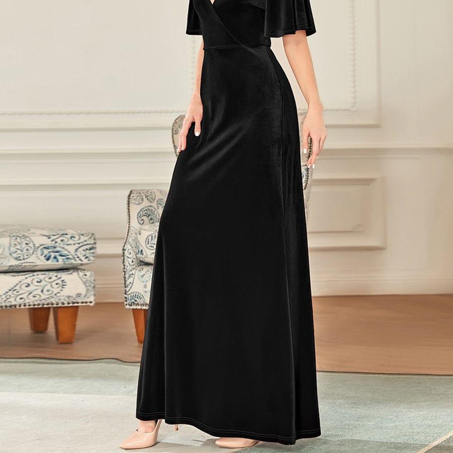 ever REINE|Elegant Double V Neck Velvet Evening Dress with Sleeves-gallery-29378736717898