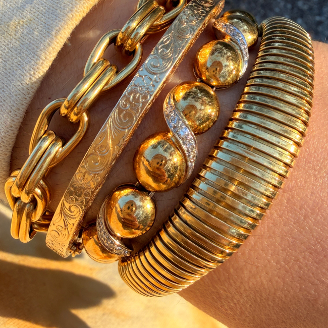 Vintage yellow 18K tubogas bracelet, 7.25 inch fit can stretch-gallery-57141854568763