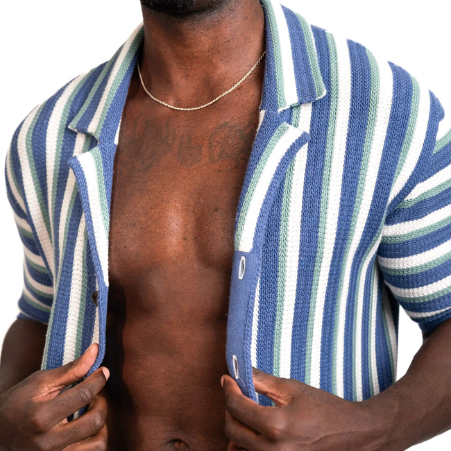 Hand-Woven Button-Up Shirt | Organic Cashmere Cotton Blend | Midnight Blue, Sage & Cream-gallery-40467456589981