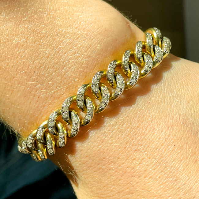 Vintage yellow solid 18K gold round approx 4 ctw old cut diamond curb bracelet with double side safe-gallery-51312276537659