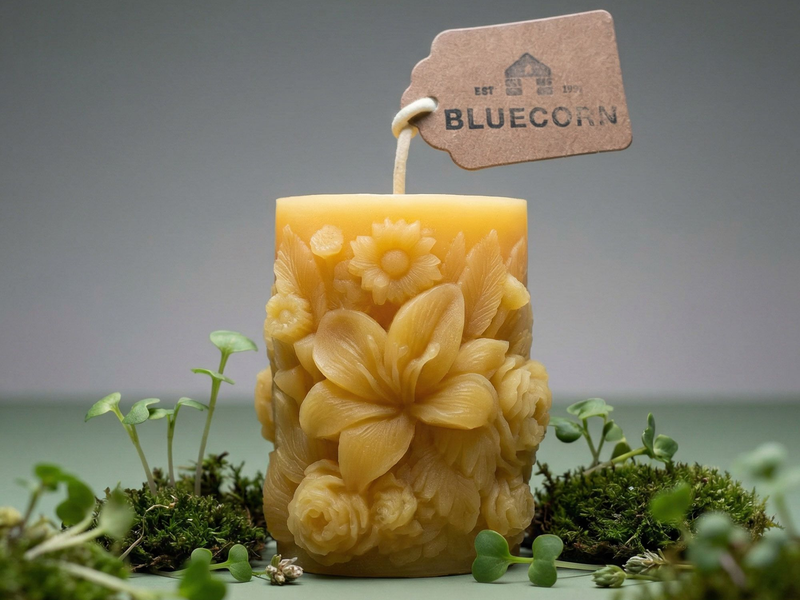 New from Bluecorn: Sculpted Floral Beeswax Pillars for Spring