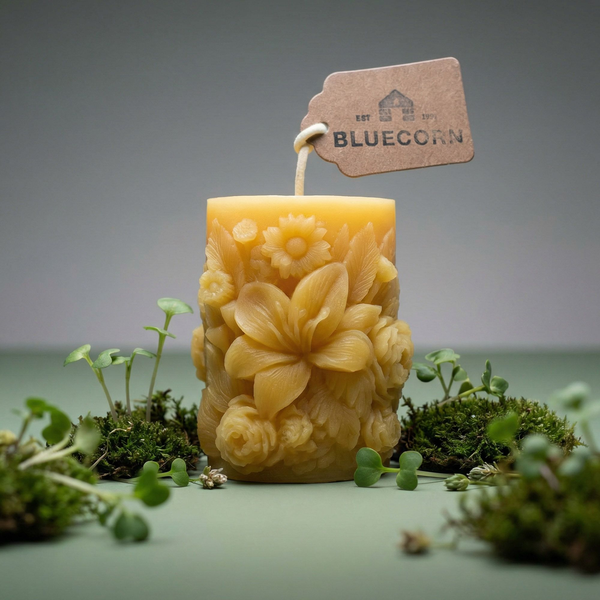New from Bluecorn: Sculpted Floral Beeswax Pillars for Spring