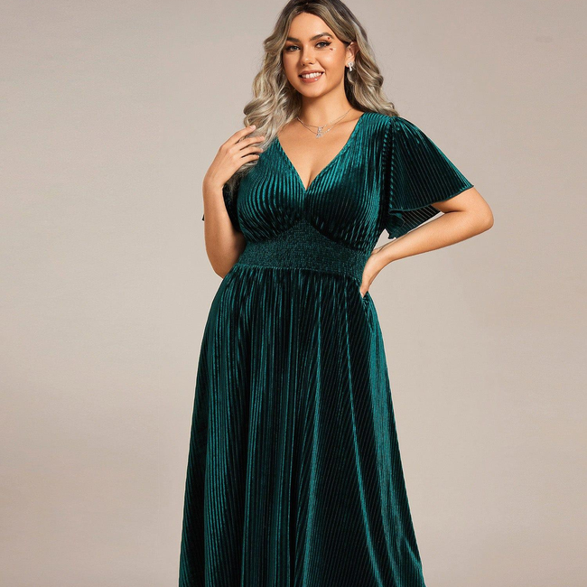 ever AZALEA|Graceful V-Neck Waist Design Short Sleeves Fall Velvet Midi Wedding Guest Dress-gallery-30251464228938