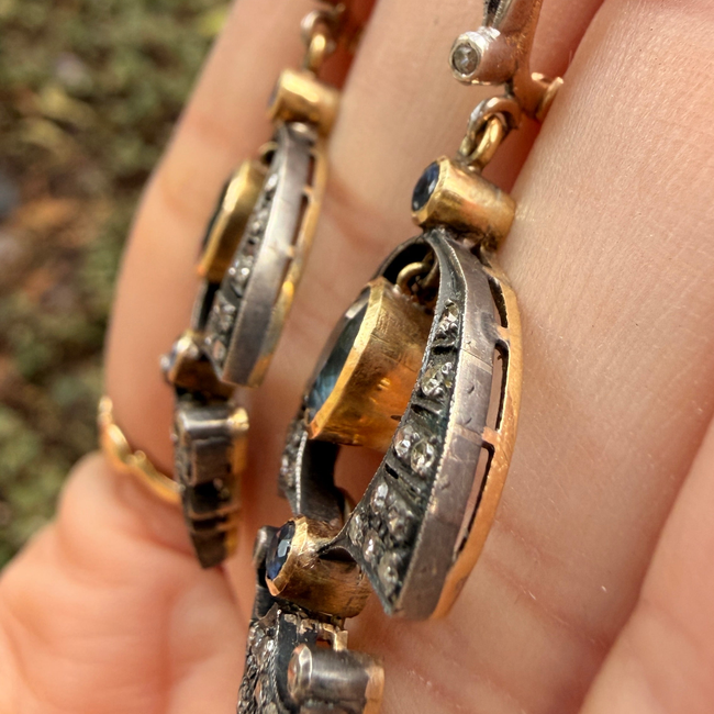 Vintage silver topped yellow 18K approx 2.4ctw natural sapphire and .3ctw diamond drop earrings with-gallery-56906683056443