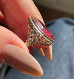 Vintage white 14K art deco synthetic pink red stone navette, size 4.5