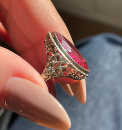 Vintage white 14K art deco synthetic pink red stone navette, size 4.5