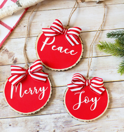 Christmas Ornaments Set Peace Joy Merry | Red White Wood Slices  - Set of 3