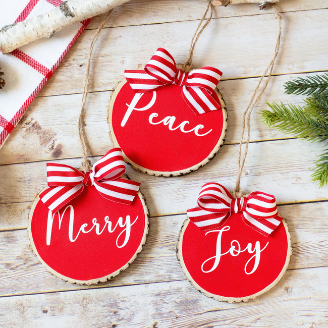 Christmas Ornaments Set Peace Joy Merry | Red White Wood Slices  - Set of 3-gallery-28553414672454